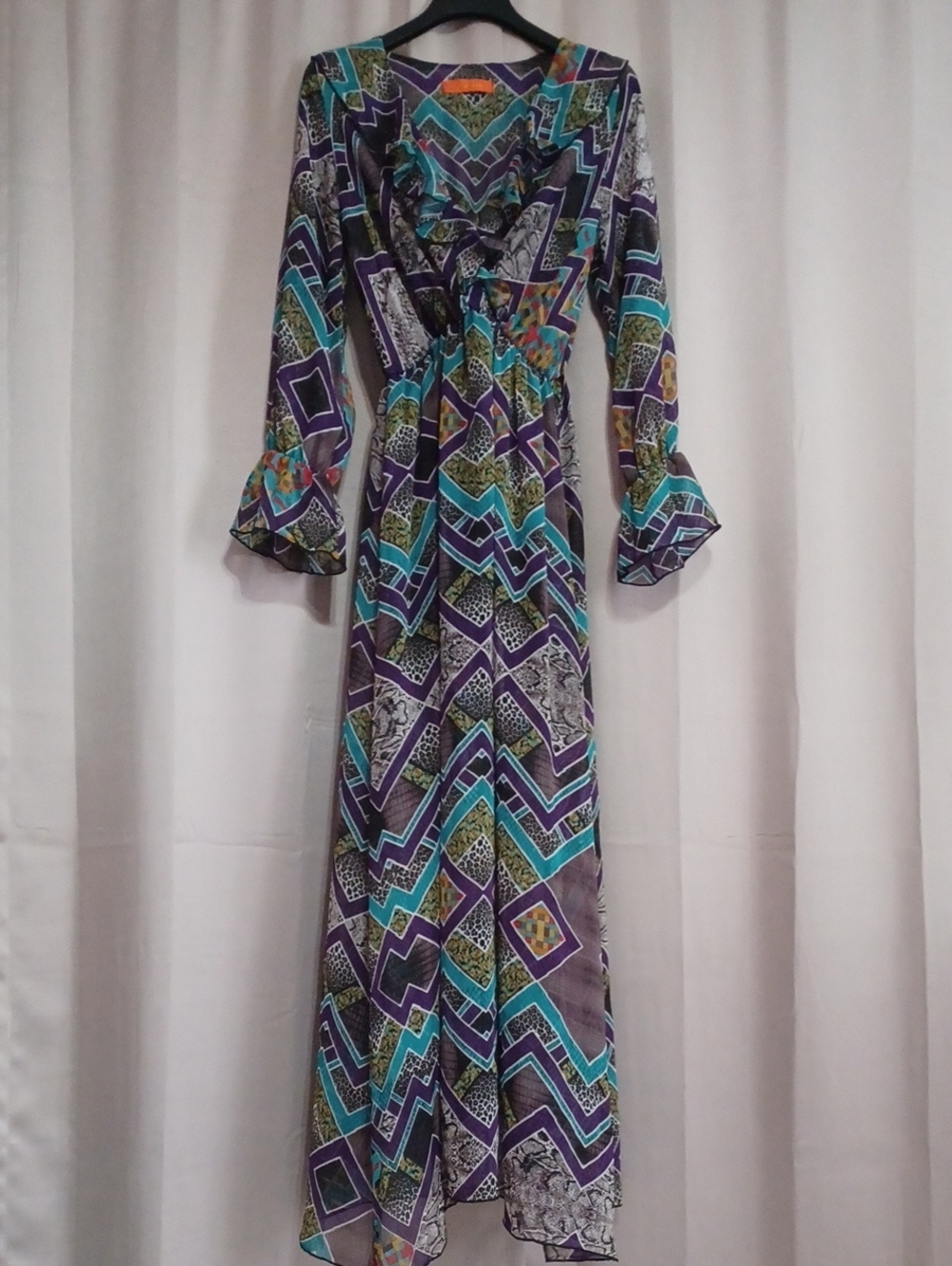 Arancia Teal Purple Geometric Tile Boho Maxi Dress Long Bell Sleeve Sheer Size M